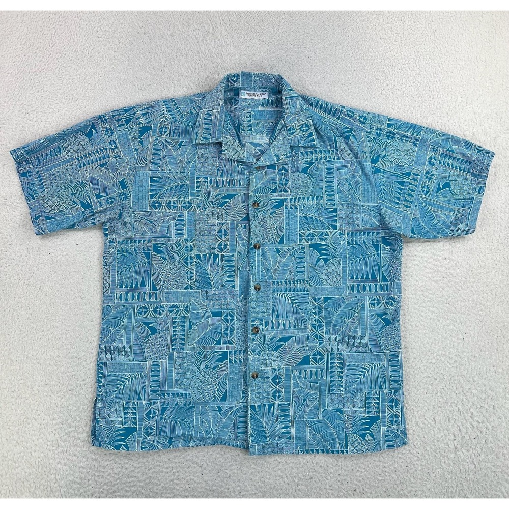 Tori Richard Shirt Mens Medium Blue Floral Short Sleeve Button Up Hawaiian Aloha